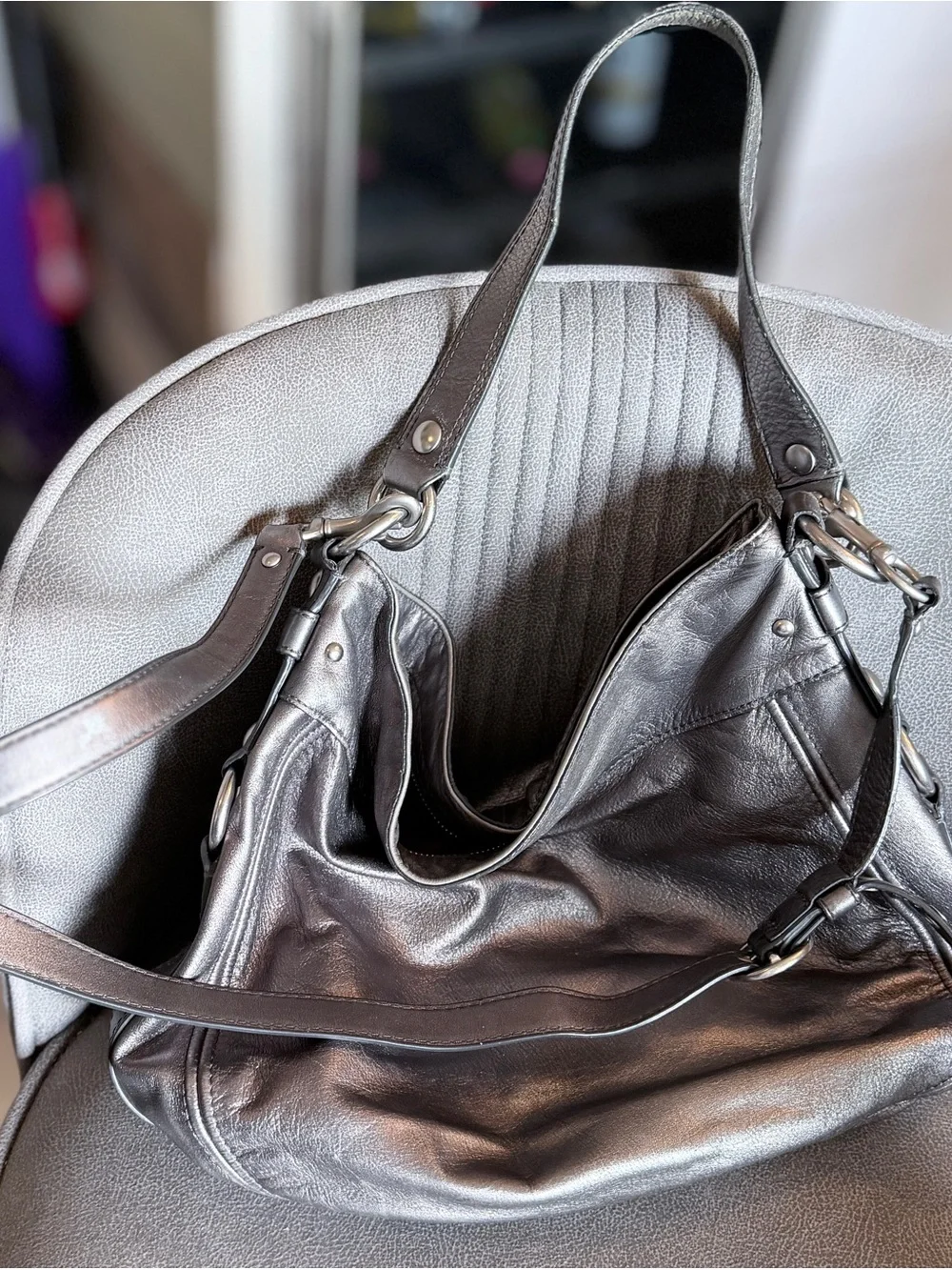 Coach Metallic Leather Shoulder Bag - Silver
